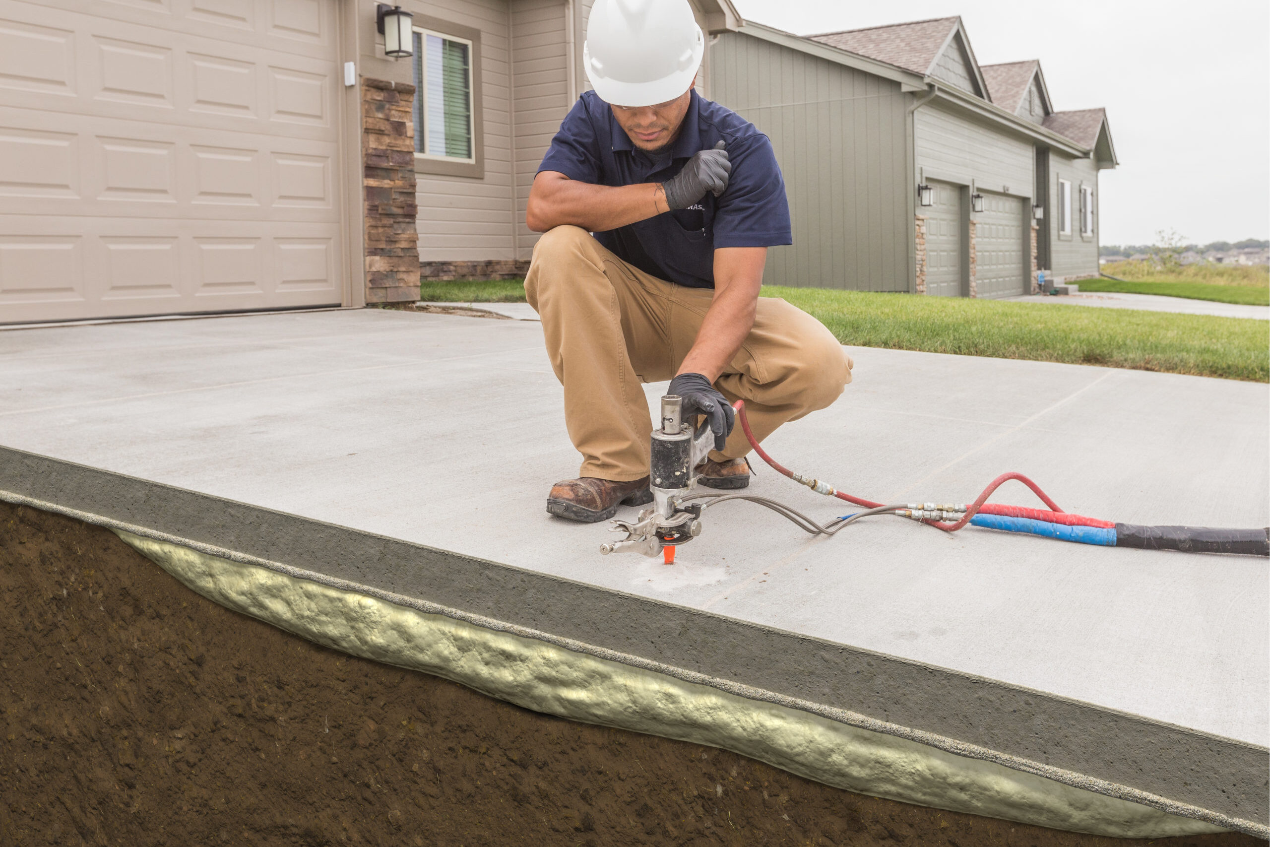 Crouched down technician with a white construction hat on injecting PolyLevel into a concrete driveway and the soil underneath the driveway is revealing showing the foam injected under the concrete slab.