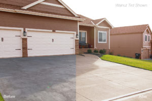 Before and after of a concrete repair job on a home's driveway. The after shows what the driveway looks like with the DecoShield tinted concrete sealant in the shade "walnut".