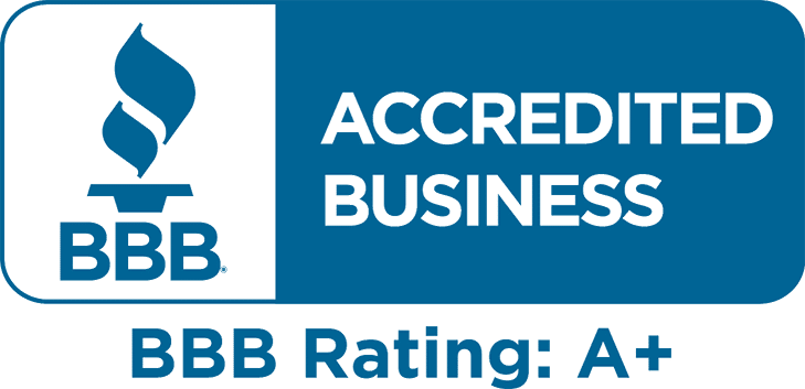 Graphic with blue BBB logo on the right and "Accredited Business" text on blue backdrop on the right with blue text "BBB Rating: A+" underneath