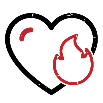 Artboard 14 Black heart outline with smaller red outline of a flame half-way inside and outside of the heart icon