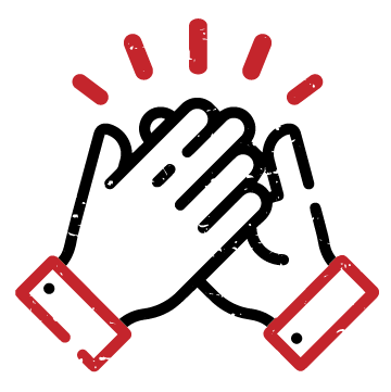 Artboard 15 Black outline of hands, with red outline of shirt cuffs, high fiving with red lines indicating movement above the hands.