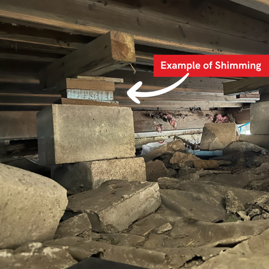 A graphic on the image says "Example of Shimming" with a white arrow pointed to thick, concrete blocks and thin, wooden slats stacked underneath wooden foundation beams in a crawlspace.