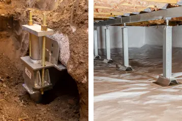 Foundation push pier bracket installed beneath concrete footing next to crawl space with adjustable steel support jacks and vapor barrier for structural stabilization.