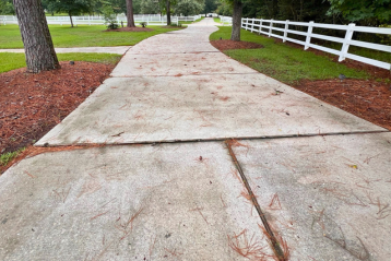 Sunken and uneven concrete driveway panels lined with mature trees, pine straw mulch, and white fencing, showing settlement issues prior to concrete lifting service by Baird Foundation Repair.