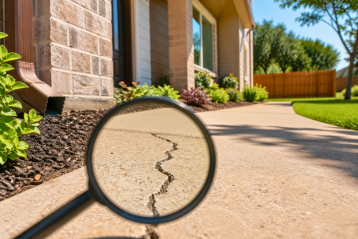 Cracked driveway concrete viewed through a magnifying glass