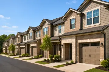 Texas brick townhomes with attached garages representing foundation repair challenges common in shared-wall residential communities.