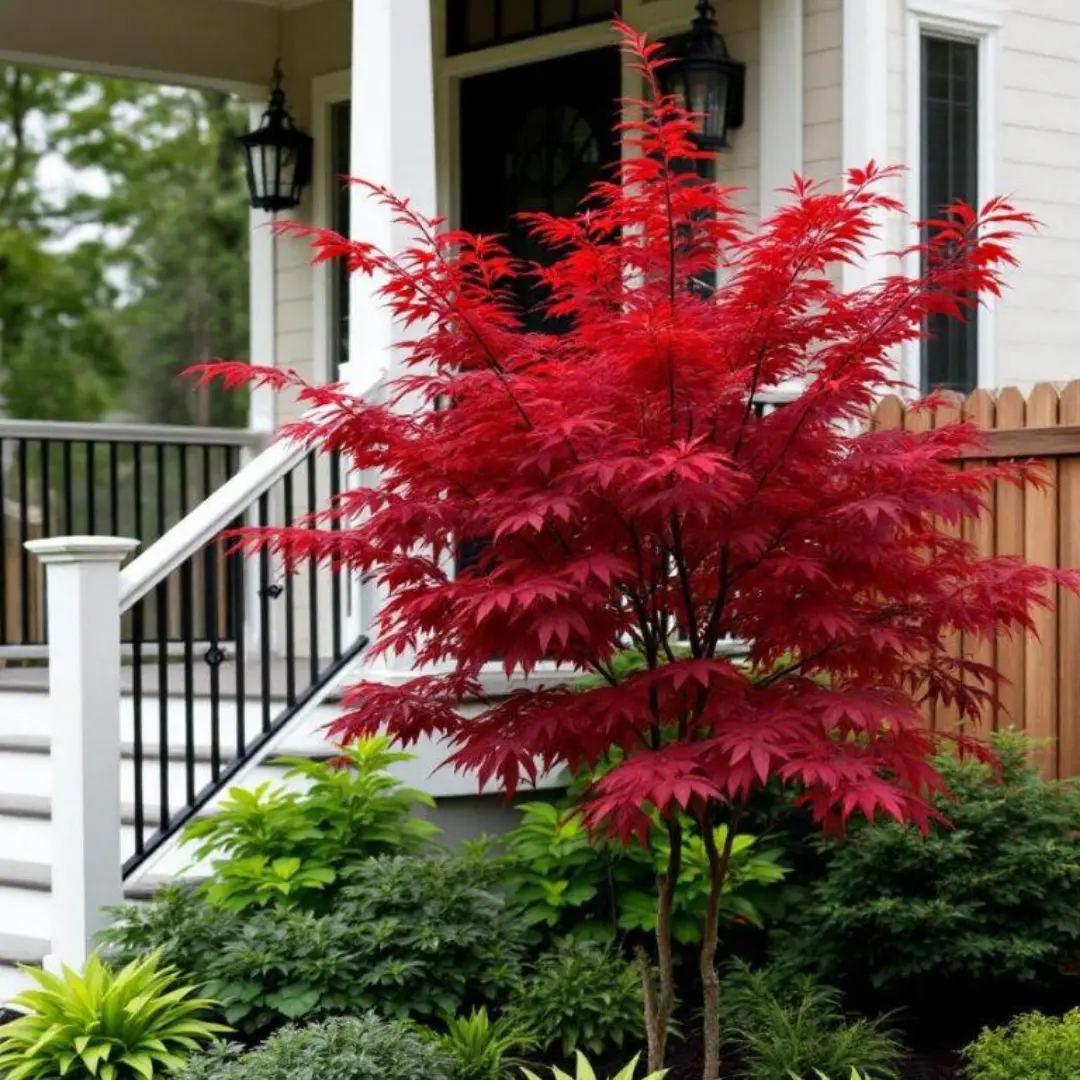 vibrant red Japanese maple tree in full leaf stands beside white porch stairs with black iron railings, surrounded by lush green shrubs.
