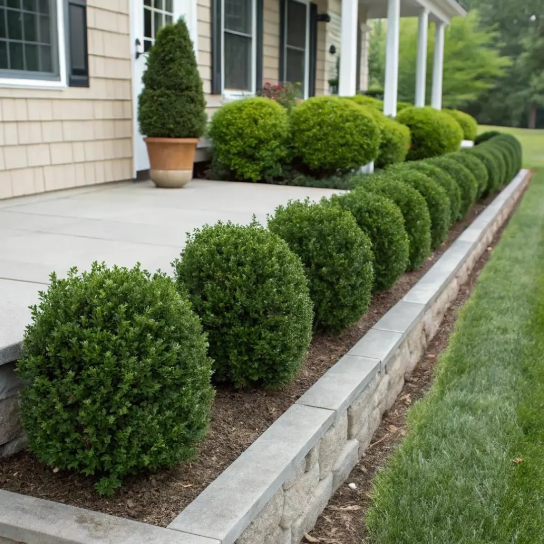 Neatly sheared round boxwood balls lining a stone retaining wall along a driveway.