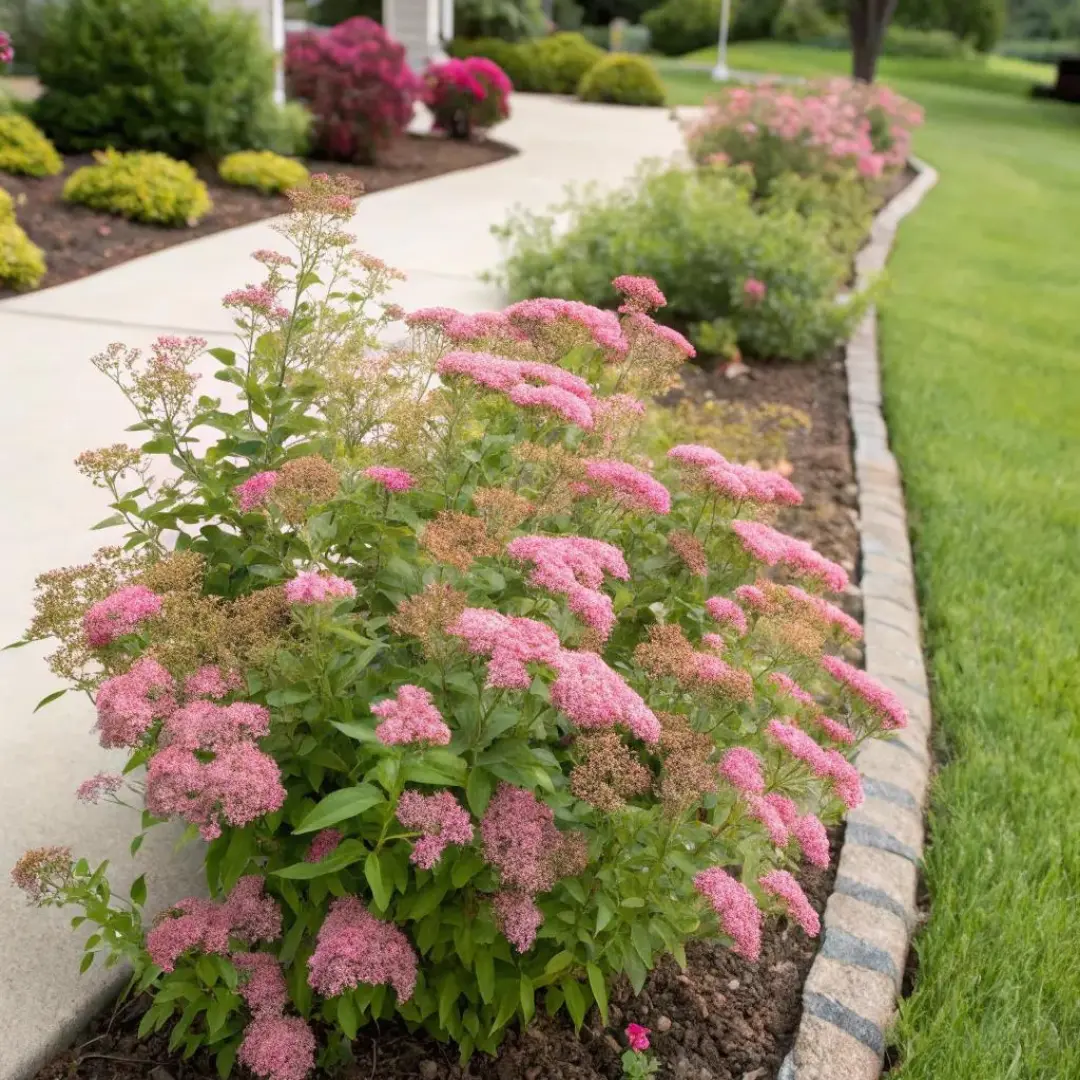 Pink spirea shrubs in bloom lining a curved driveway border.