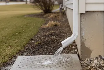 White downspout extension draining water onto concrete splash block beside house foundation"