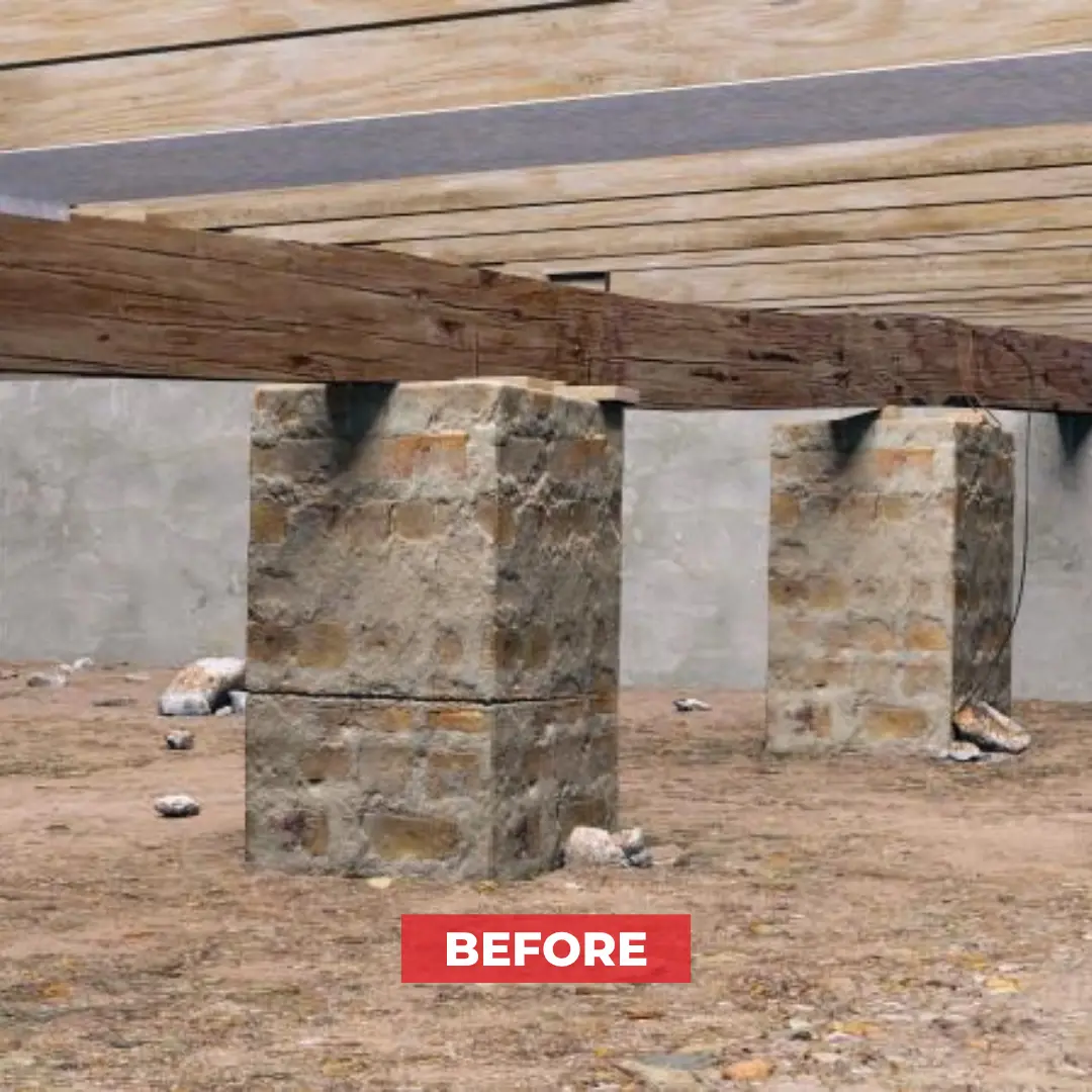 Underneath a pier and beam home showing crawl space before we installed support posts and jacks