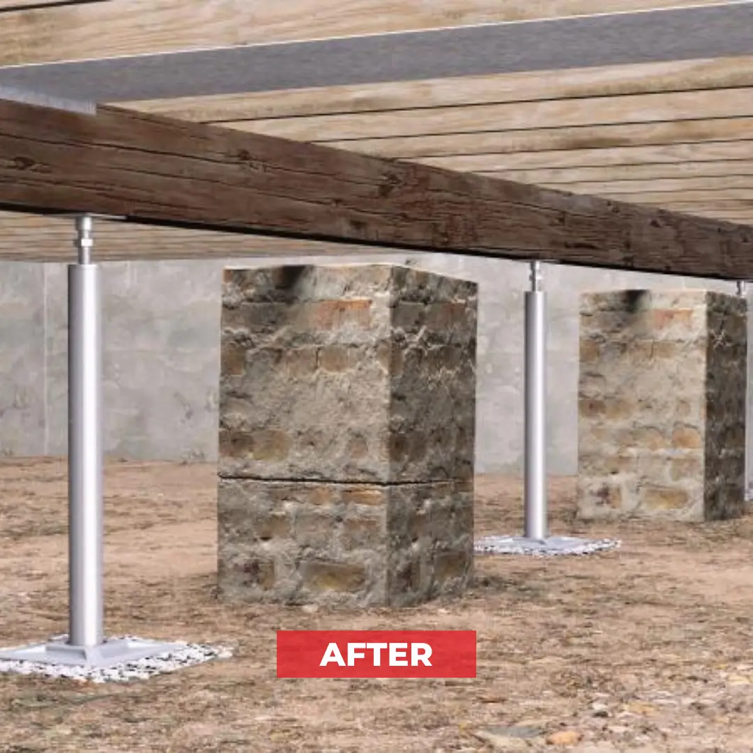 Underneath a pier and beam home showing crawl space after we installed support posts and jacks