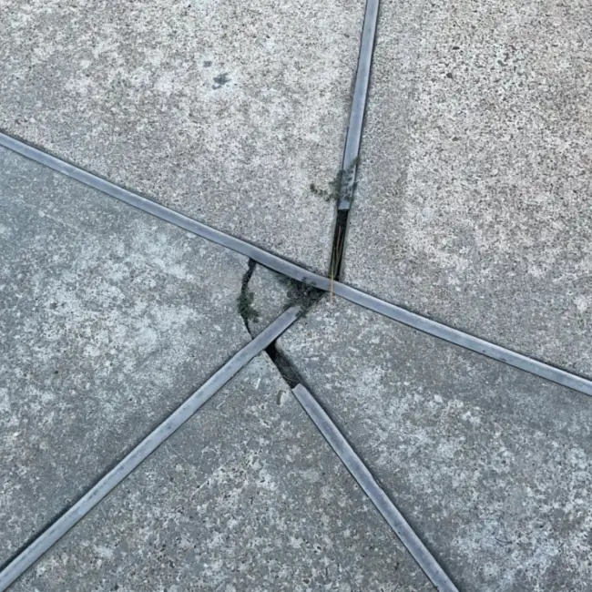Damaged concrete expansion joint intersection with deteriorating sealant and weed growth